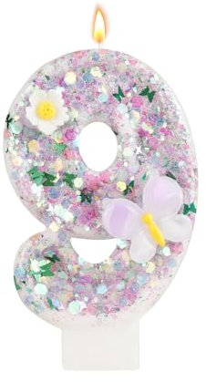 Bolosa Geburtstagskerzen Zahlen 9 Rosa Lila Mit Schmetterling Und Blumen für Kinder, Jungen Mädchen, Geburtstagsdeko, Party, Jubiläum