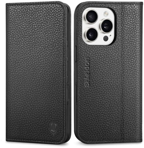 SHIELDON Hülle für iPhone 16 Pro 5G, Handyhülle Case [Litschi Echtleder] [RFID Blocker] [Kartenfach] [Ständer] Stoßfest Magnetisch Schutzhülle Kompatibel mit iPhone 16 Pro 6,3 2024- Schwarz