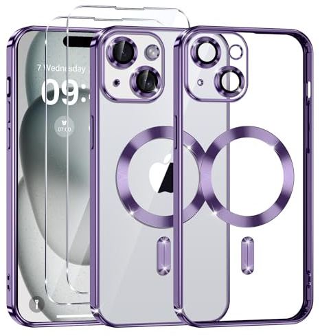 Phoona Cover Placcatura per iPhone 15 6,1 Pollici, Obiettivo per Fotocamera Protezione Completa e 2 × vetro temperato, Compatibile con MagSafe Ricarica Wireless, Protezione Militare, Viola