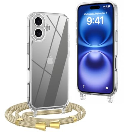 OLEPHY Crossbody Lanyard Case Compatible with iPhone 16 with Strap, Necklace Mobile Phone Cover with Adjustable and Removable Neck Strap, Transparent Shockproof Protective Case, Yellow