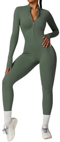 Ecupper Jumpsuits Damen Yoga Bodycon Einteiler Zip Up Overall Rompers Langärmelig Workout Outfit Grün S
