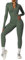 Ecupper Jumpsuits Damen Yoga Bodycon Einteiler Zip Up Overall Rompers Langärmelig Workout Outfit Grün S