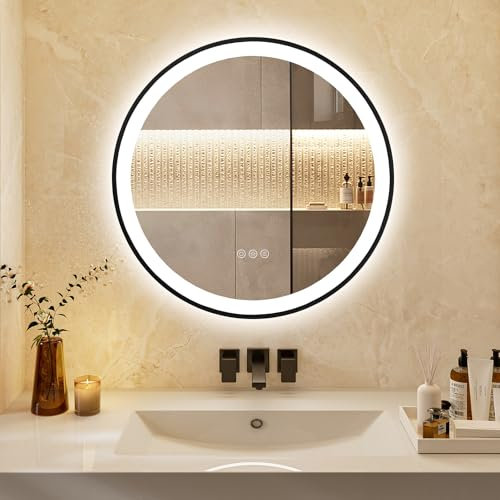 ChillCruiser Runder LED-Badezimmerspiegel 60cm mit schwarzem Rahmen beschlagfrei LED-Spiegel fürs Badezimmer kreisförmig beleuchteter Badezimmerspiegel für die Wand 3 Farben Memory