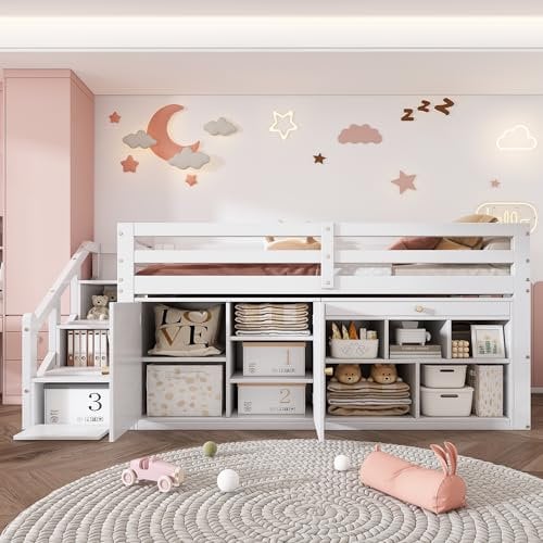 Kinderbett 90x200 Einzelbett, Hochbett mit Stauschrank, Schreibtisch und Treppe, Regal & Schubladen & Schließfach, Holzbett Stauraumbett Funktionsbett Jugendhochbett mit Lattenrost,Ohne Matratze,Weiß