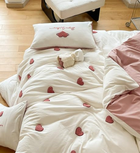 Lanqinglv Herzen Bettwäsche 135x200 cm Weiß mit Rosa Herzenmuster,Getuftet Exquisite Stickerei ÖKO-TEX Bettwäsche Set Mädchen Romantisch Bettbezug mit Reißverschluss und 1 Kissenbezüge 80x80cm