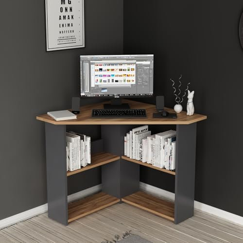 Homidea Corner moderner Eckschreibtisch – Computer-Schreibtisch in L-Form mit Regale für Büro und Zuhause (Corner - Walnuss/Anthrazit)