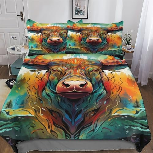 AAPZY Büffel Bettwäsche-Set, 3D Motiv, Bettbezug 3teilig Mit Kopfkissenbezug Für Jungen Mädchen Schlafzimmer Atmungsaktiv Mikrofaser Deckenbezug King (220x240cm)