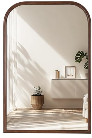 Wandspiegel mit Bogen, 61 x 91,4 cm, Badezimmerspiegel zur Wandmontage, gehärtetes Glas, Holzmaserung, Rahmen, Wandspiegel, dekorativ für Schlafzimmer, Wohnzimmer, Eingangsbereich, rustikales Braun