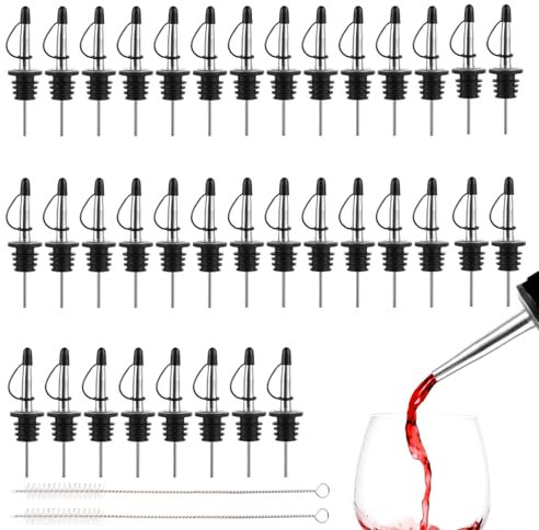 DAJAVE 36 Pcs Speed Pourers for Spirits Bottle Pourers Oil Pourer Spout Liquor Freeflow Wine Bottle Spirits Pourer Tapered Spout with Rubber Dust Caps for Alcohol Olive Oil Syrup Vinegar Bottles