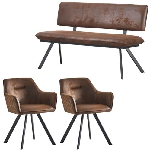 B&D home Sitzgruppe JANA Esszimmerbank 140cm gepolstert mit Rückenlehne, mit 2 Stühle für Esszimmer, Industrial modern Design | Wildleder Optik Braun, 11503-140-BRAU
