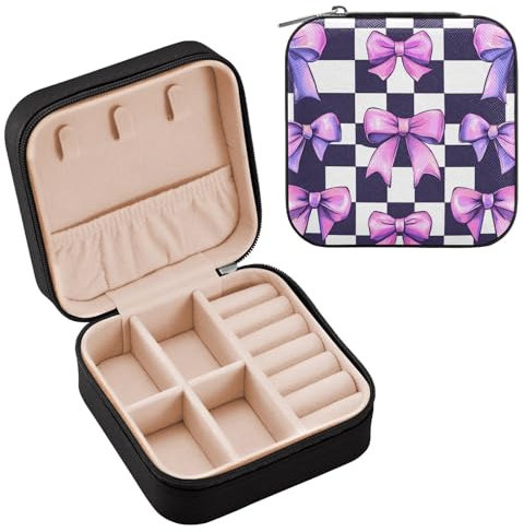 Ttgoth Boîte à bijoux portable en cuir synthétique avec nœud à carreaux blancs et noirs pour femmes et filles, 10 x 10 x 5 cm