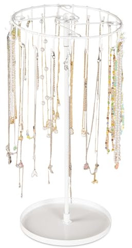 UESDU Schmuckständer Weiß, Drehbar Ketten Aufbewahrung mit 23 Haken Metall Schmuckbaum mit Tablett Kettenhalter 34 * 21cm Schmuckhalter für Schmuck Aufbewahrung und Präsentation