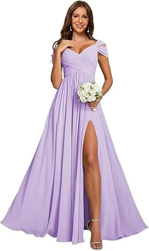 JIIL Abendkleider,Damen Off Shoulder Chiffon Brautjungfernkleider Lang - Formeller A-Linie V-Ausschnitt Lang Abendkleider Elegant Hochzeit Schlitz Flieder 48