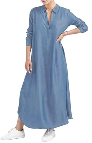 LIUYUYOUGO Abito Donna Abito Lungo in Denim Chambray da Donna Taglie Forti Manica Lunga Bavero Scollo A V Camicia di Jeans Camicetta Abito Casual Estivo Leggero E Morbido Lungo Caftano.