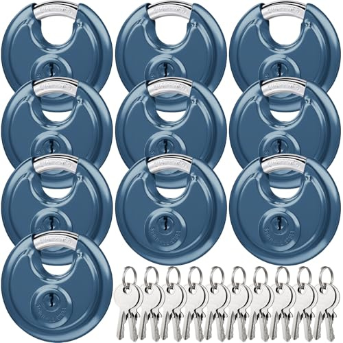 10 Pcs Disc Padlocks Keyed Alike, 2-3/4 Inch Wide, Gray Green | Outdoor Security for Sheds Garages Storage Units, Waterproof Rustproof Round Design, 30 Keys Included for Convenience