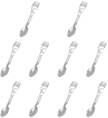 harayaa 10x Multifunction Camping Spork Fork Knife Utility Can Bottle Opener Stainless Steel Spoon for Hiking Travel BBQ Outdoor, Silver