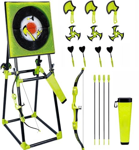 4 in 1 Deluxe Axe Throwing Game Set for Adults, Includes Axes & Darts & Bows & Throwing Stars with Target Board, Backyard & Indoor Outdoor Sports Activity Set with Collapsible Stand