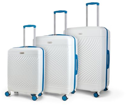 Rock Love Island Hard Shell Suitcase Set of 3 - White & Blue | Set Includes S, M & L Cases - 360 Swivel Wheels, Telescopic Handle - Lightweight & Durable Build - Ideal for Style Seekers