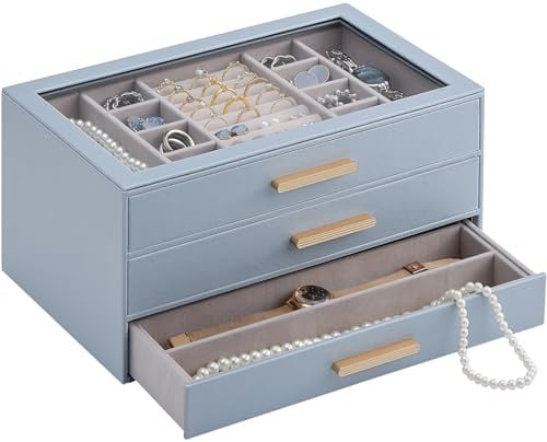 Lolalet Schmuckkästchen, Schmuckbox Schmuck Organizer mit Glasdeckel, Schmuckaufbewahrung mit 3 Ebenen, Schmuckkasten für Halsketten Ohrringe Armbänder- Blau