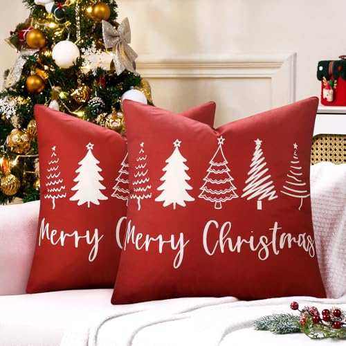 LRartdeco Weihnachtskissenbezüge Kissenbezug Weihnachten rot Weihnachtsbaum Set von 2 Kissenbezüge Weihnachten 40x40 Winter Kissenbezüge für Deko Wohnzimmer,Schlafzimmer,Sofakissen,Urlaub,Bauernhaus