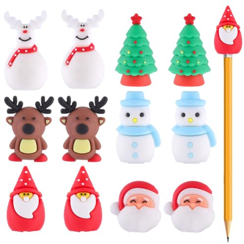 SUNNYCLUE 1 boîte de 18 capuchons de Crayon de Noël 6 styles Mignons Capuchons de Crayon en Silicone Souple Père Noël Bonhomme de Neige Élan Cerf Arbre Breloques de Stylo Décoration pour Salle de Clas
