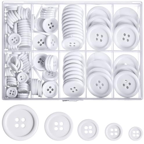 Classicseali 160PCS White Small Buttons, Round Big White Buttons | 4 Holes Small Whites Button, Smooth Surface, for Crafts, Coats, Shirts, Pants, Shorts and More, 5 Sizes