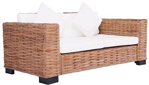 PHGTYUK 2-Sitzer Gartensofa aus natürlichem Rattan mit Holzrahmen und abnehmbaren Polstern – strapazierfähiges Outdoor-Sofa für Terrasse und Garten mit hohem Sitzkomfort
