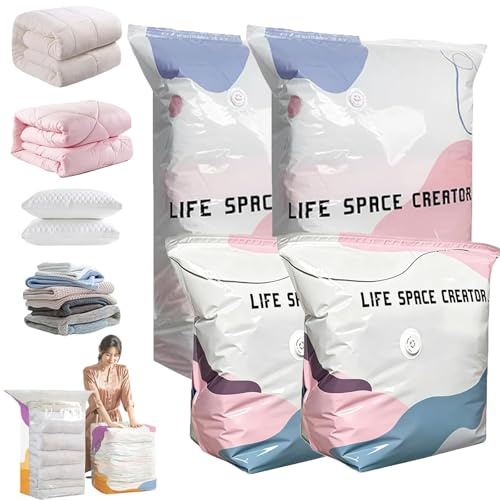 Large No-Pump 3D Vacuum Storage Bags 3-Sec Fast Compression, Press & Seal Roll-Up Compression Bags, Thickened Reusable Space Saver for Clothes, Duvets, Bedding & Travel (2M+2L)