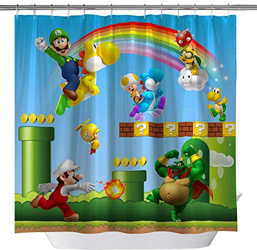 Super Mario Duschvorhänge Cartoon für Kinder Jungen 3D Druck Dekor Stoff Vorhänge Sets mit Haken 71 x 71 Zoll Blau