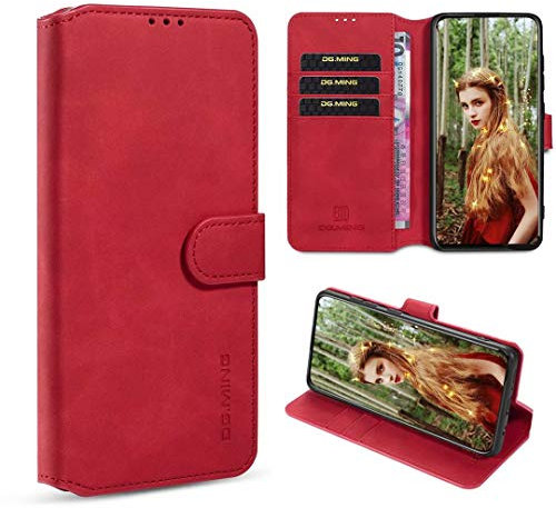 xinyunew Cover Huawei Mate 20 Pro,360 Gradi CustodiaProtettiva Vetro Temperato Wallet Case Standing Flip Caso Pelle Premium Portafoglio Silicone case Custodia per Huawei Mate 20 Pro Rosso