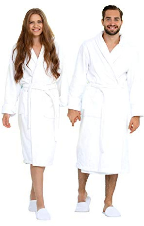 Ecolinen Lyxig badrockshandduk med tofflor spabrock kammad 100% frotté bomull organiskt tyg för män kvinnor lätt lyxig mysig unisex hotellkläder, Vitt, L