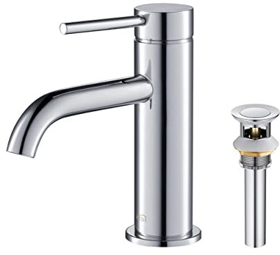 KIBI Einhand-Rundhahn für Waschbecken mit Pop-Up-Ablauf | massives Messing hoher Bogen Wasserhahn Auslauf (Chrom) (KBF1008)