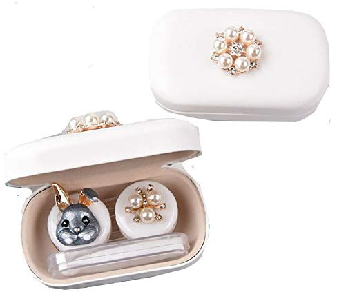 PU Leather Contact Lens Case Cute Pearl Cartoon Portable Travel Contact Lens Case Box Eye Care Kit Holder Mirror Box (White)