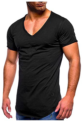 Camiseta de manga corta para hombre con cuello de pico extra profundo, cuello en V, elástica, elástica, básica, camiseta informal de verano, Negro , XL