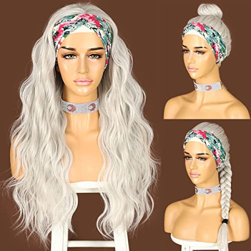 Sapphirewigs Body Wave Stirnband Perücke Grau Synthetische Lange Gewellte Perücken für Frauen Glueless Natürlich aussehend 150% Dichte 26 inch