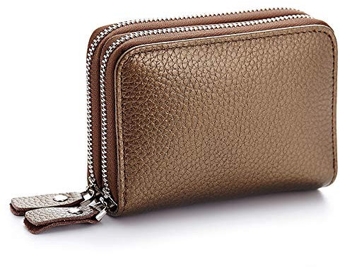 JUVEL Leder Geldbörse für Damen - Kreditkartenetui mit Münzfach, Doppelreißverschluss, 10 Kartenfächer, Mini Portemonnaie, Zipper Brieftasche, Kartenhalter für Frauen (Bronze)