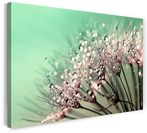 Printistico Leinwandbild (120x80cm) Wassertropfen, Nahaufnahme Löwenzahn Pusteblume, warme Farbe, Natur-Fotos, echter Holz-Keilrahmen inkl. Aufhänger, handgefertigt in Deutschland