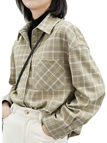 Chemise à carreaux en flanelle pour femme - Manches longues - Chemisier gothique alt, beige, 38