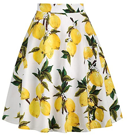 Damen Rockabilly Rock Vintage 1950er Jahre Retro Blumen Druck Faltenrock Elastische Hohe Taille Swing Glockenrock Tellerrock Plissee A-Linie Knielang Festliche Röck Trachtenrock Sommer Zitrone L