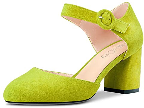 NobleOnly Donna Chunky Blocco Medio Tacco Heel Two-Piece Fibbia Rotonda Punta Pumps Clear Cute da Matrimonio Ufficio Scarpe 6.5 CM Heels Verde Lime Scamosciato 36 EU