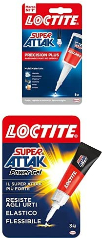 Pacchetto Loctite Super Attak Precision Plus, Colla liquida trasparente con beccuccio extra lungo, 1x8g + Loctite Super Attak Power Flex, Super colla resistente in formula gel, Colla per scarpe, 1x3g