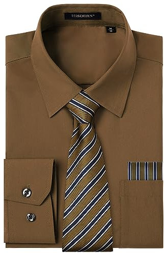 HISDERN Men's Brown Shirts Long Sleeve Smart Formal Plain Dress Shirt and Tie Set Business Casual Wedding Regular Fit L
