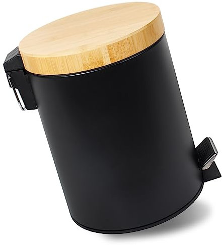 GREELUE 5L Mülleimer Bad mit Holzdeckel, Kosmetikeimer mit Absenkautomatik (Soft Close), Badezimmer eimer, Abfalleimer Bad (Schwarz 5L)
