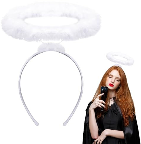 Dekewe Heiligenschein Weiß, Haarreif Engel, Halloween Accessoire für Damen & Herren, Mit Federkranz für Masquerade Party Foto Requisiten
