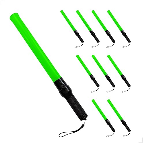 Berry Traffic Safety LED Wand Baton Light | Green Flashing Warning Baton for Traffic Control, Parking Marshals & Road Safety | Battery Powered Flashing Signal Torch - Set of 10