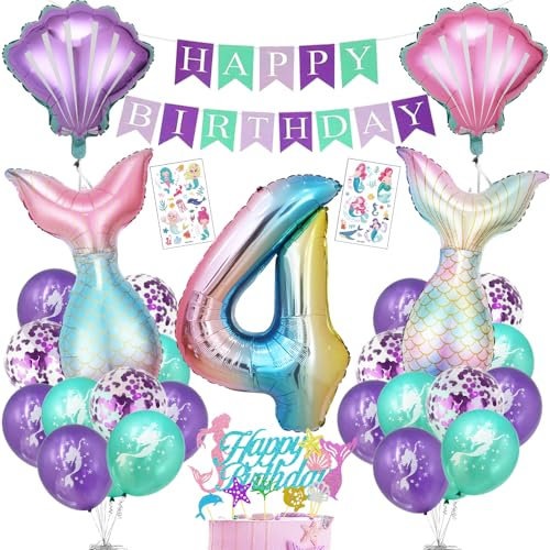 Bluelves Meerjungfrau Geburtstag Deko 4 Jahre, Meerjungfrauen Party Luftballon, Kindergeburtstag Dekoration Mädchen Folienballon 4, Meerjungfrau Ballonset mit Happy Birthday Banner