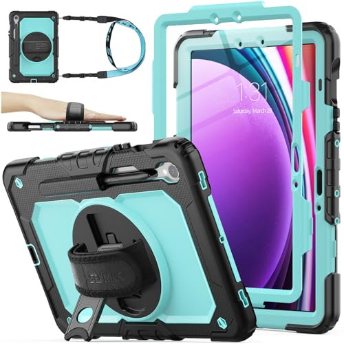 SEYMAC stock Case for Samsung Galaxy Tab S10 FE/ S9 FE 10.9 inch & S9 11 inch, Full-body Drop Protection with Screen Protector, 360° Rotating Stand/Hand Strap, Pen Holder & Shoulder Strap, Skyblue