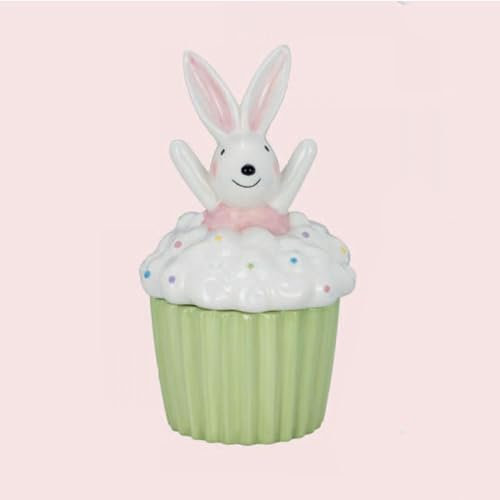 Muffindose Keramik grün-weiß mit Hase – große Osterdeko Dose 2-teilig zum Befüllen mit Muffins, Süßigkeiten oder als Geschenk, Frühlingsdeko Tisch & Sideboard