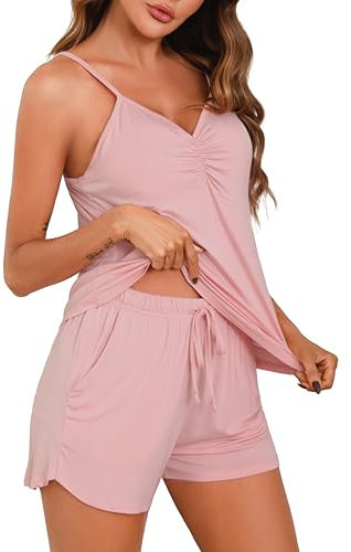Wikoan Pyjama Femme Lingerie Sexy Chic Vêtements de Nuit Pyjamas Short Ensemble Femme Cami Shorts Col en V Pyjama sans Manches Rose XL