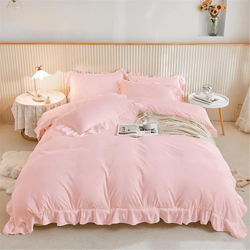 2 Pieces Single Pink Ruffle Bedding Set Ruffle Frills Duvet Cover Set Soft Microfiber Duvet Cover 135 x 200 cm